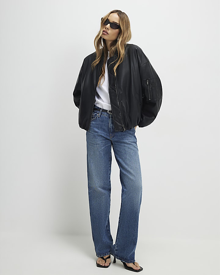 Black Faux Leather Bomber Jacket