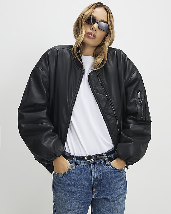 Black Faux Leather Bomber Jacket