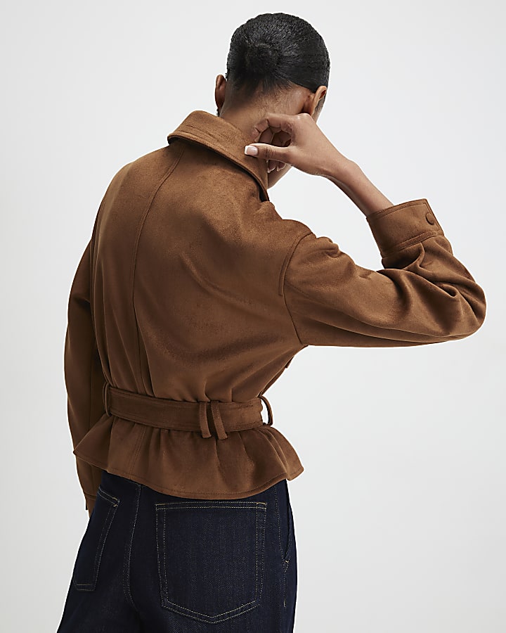 Brown Belted Faux Suede Jacket