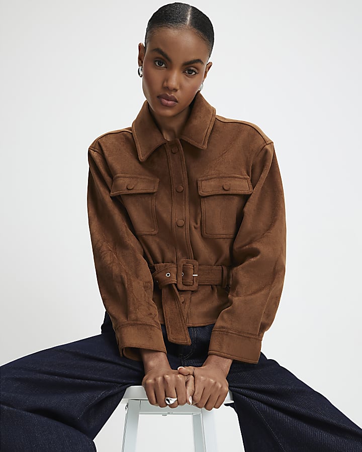 Brown Belted Faux Suede Jacket