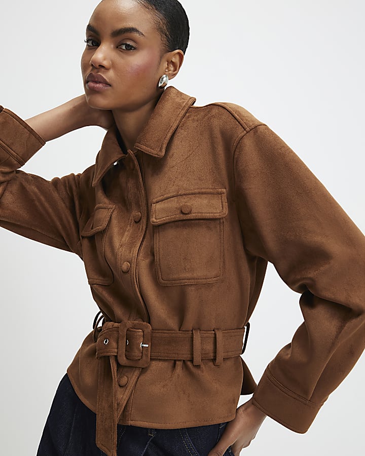 Brown Belted Faux Suede Jacket