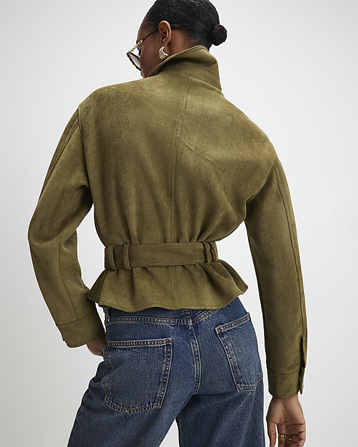 Khaki Belted Faux Suede Belted Jacket