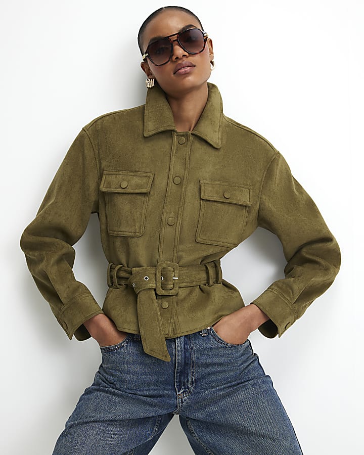 Khaki Belted Faux Suede Belted Jacket