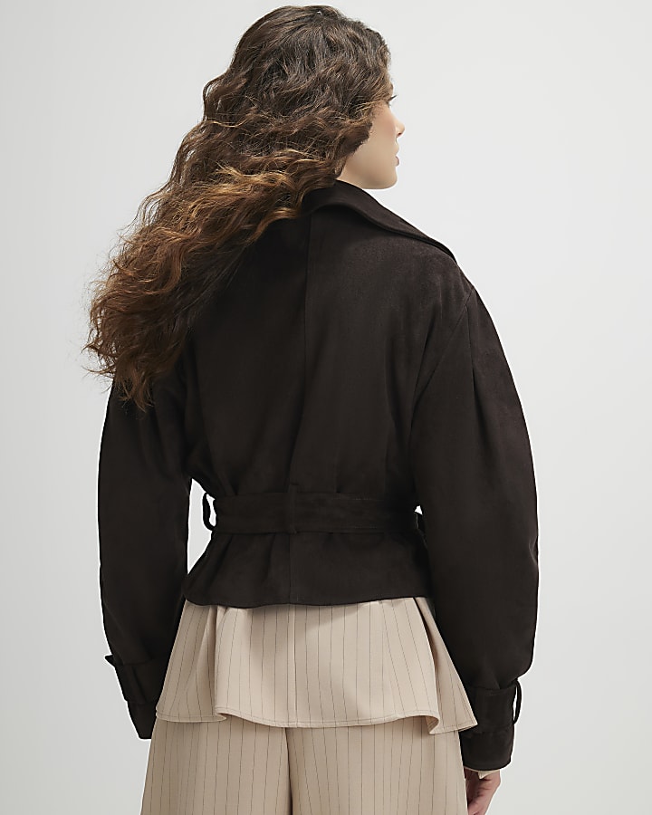 Brown Belted Faux Suede Cropped Trench Jacket