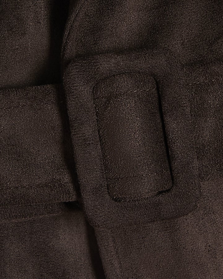 Brown Belted Faux Suede Cropped Trench Jacket