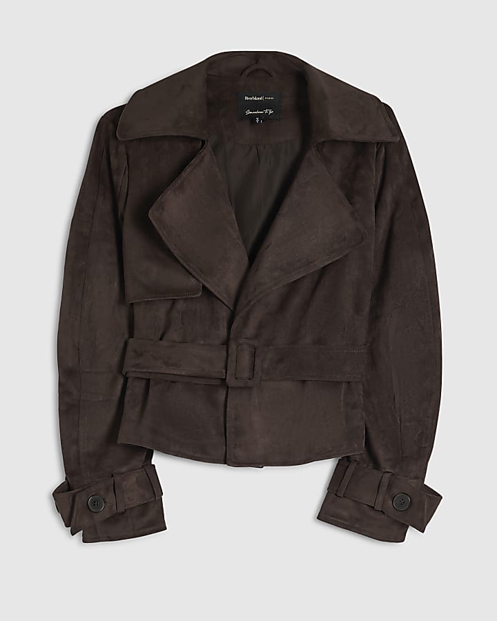 Brown Belted Faux Suede Cropped Trench Jacket
