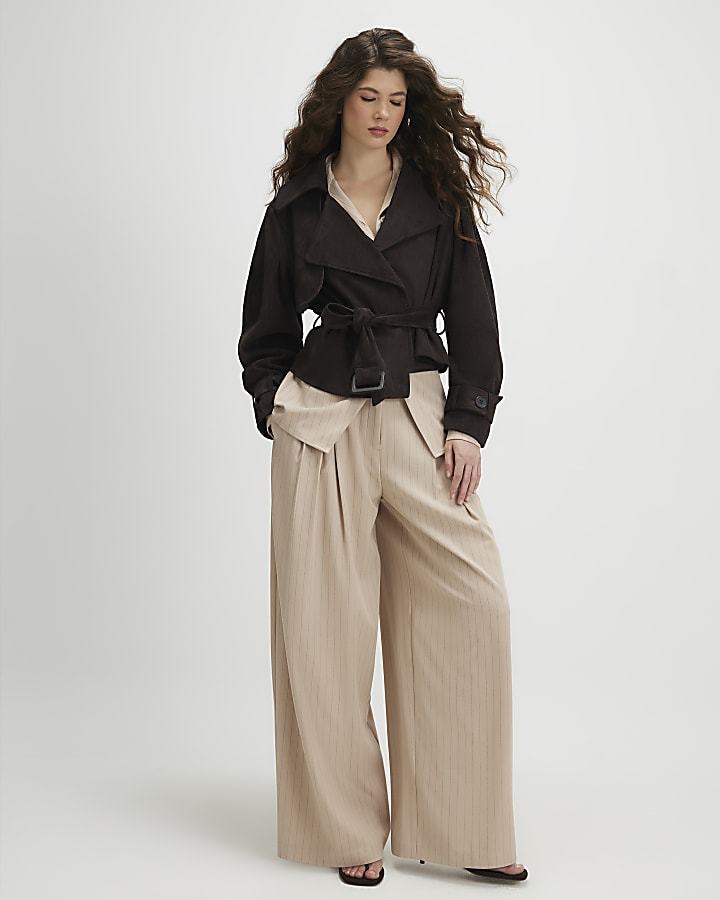 Brown Belted Faux Suede Cropped Trench Jacket