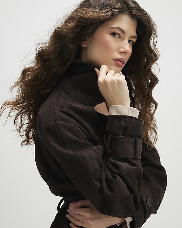 Brown Belted Faux Suede Cropped Trench Jacket