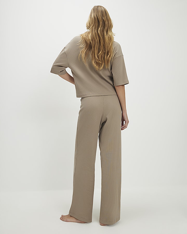 Beige Ribbed Polo Loungewear Set