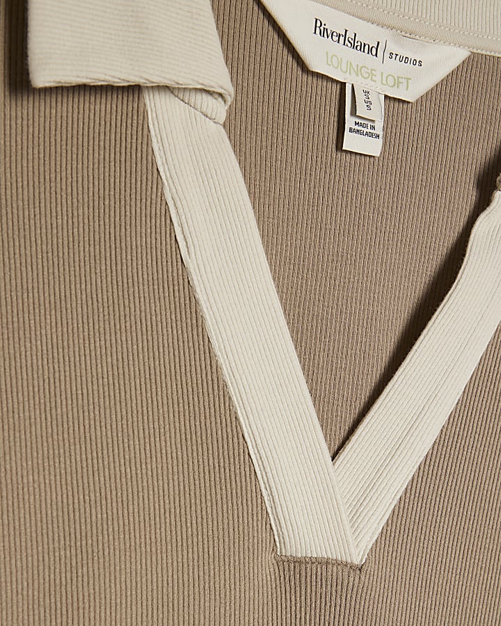 Beige Ribbed Polo Loungewear Set