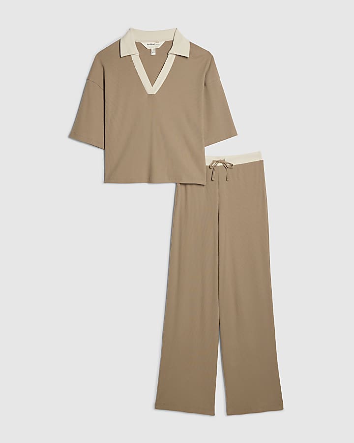 Beige Ribbed Polo Loungewear Set