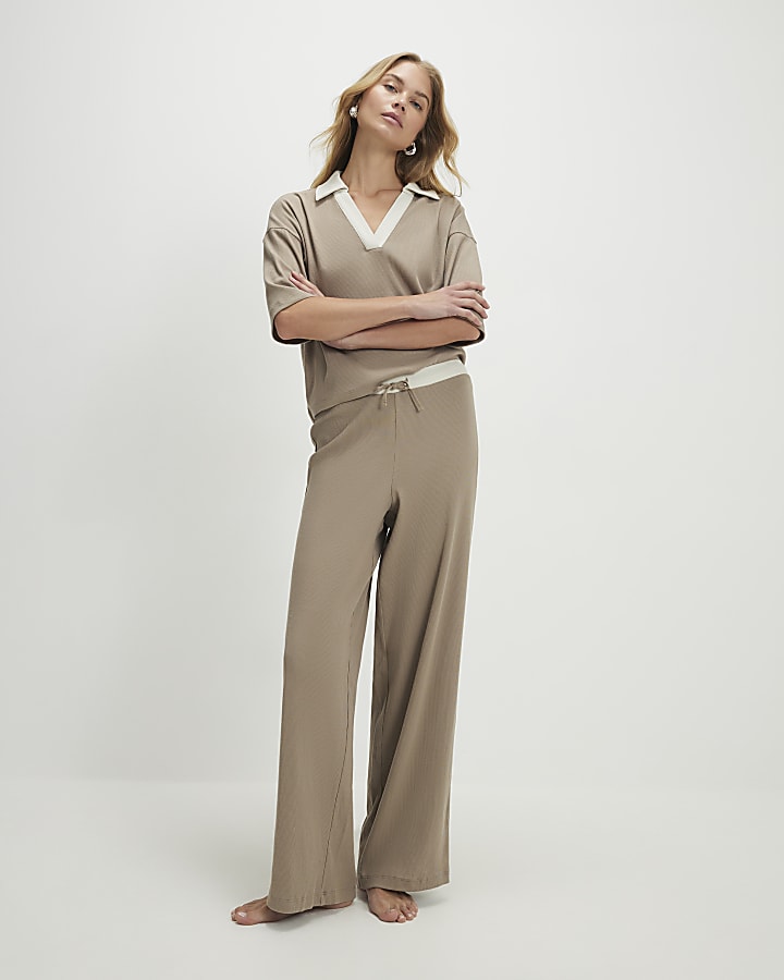 Beige Ribbed Polo Loungewear Set