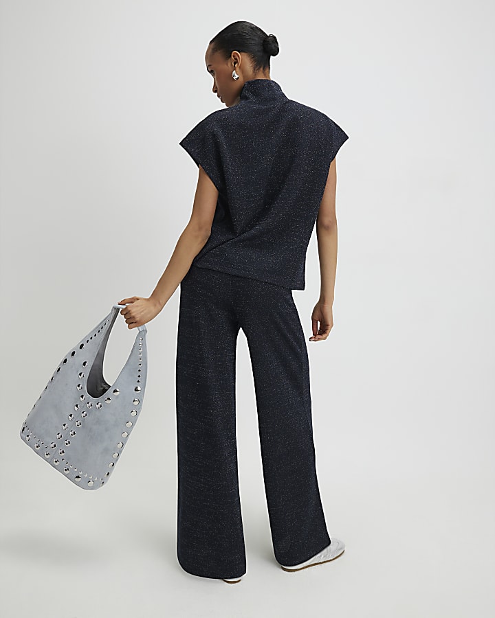 Navy Glitter Wide Leg Trousers