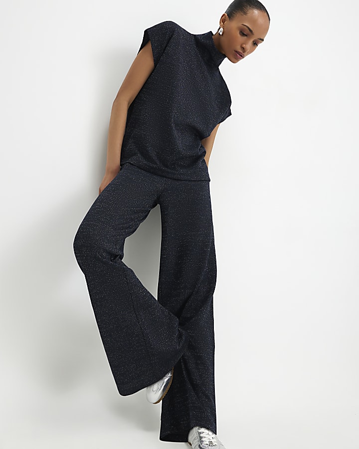 Navy Glitter Wide Leg Trousers