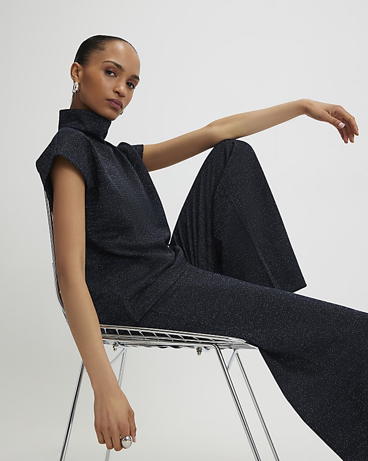 Navy Glitter Wide Leg Trousers