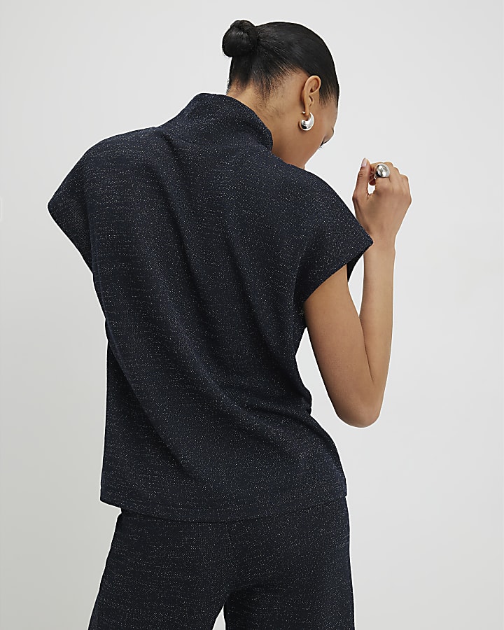 Navy High Neck Glitter Top