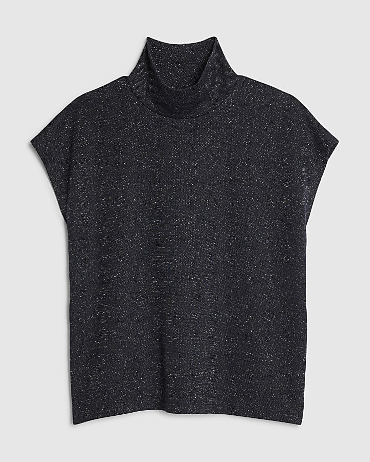 Navy High Neck Glitter Top