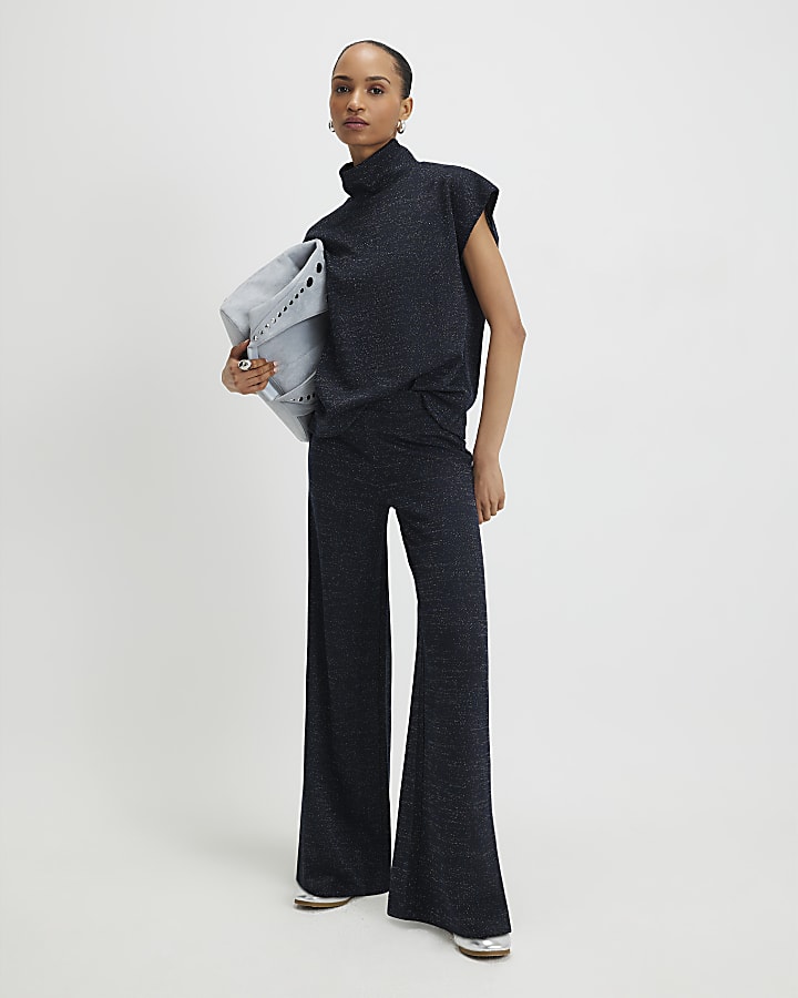 Navy High Neck Glitter Top