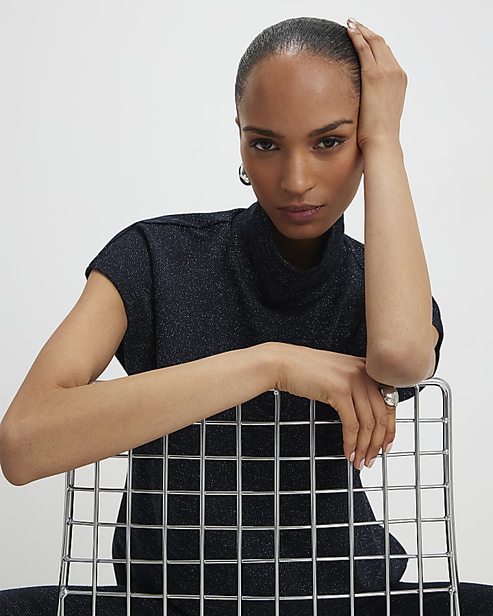 Navy High Neck Glitter Top