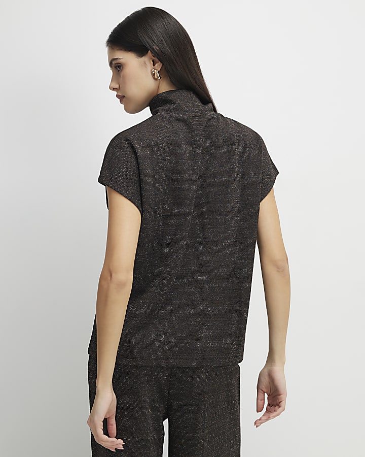 Brown High Neck Glitter Top