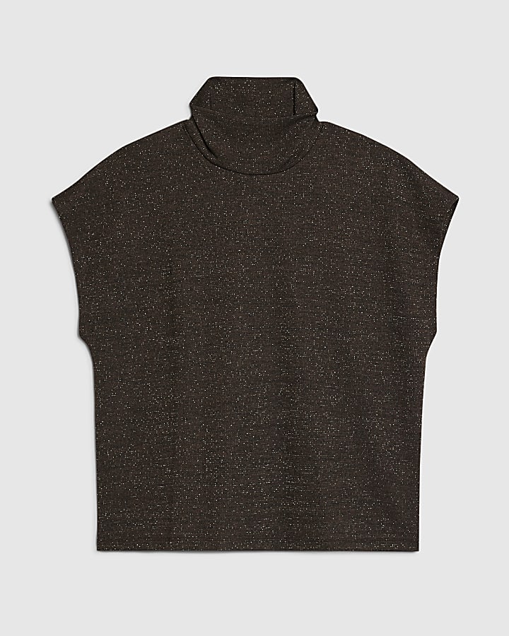 Brown High Neck Glitter Top