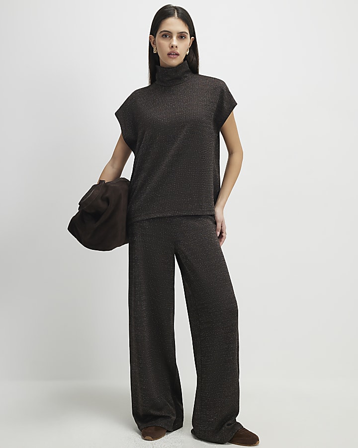 Brown High Neck Glitter Top