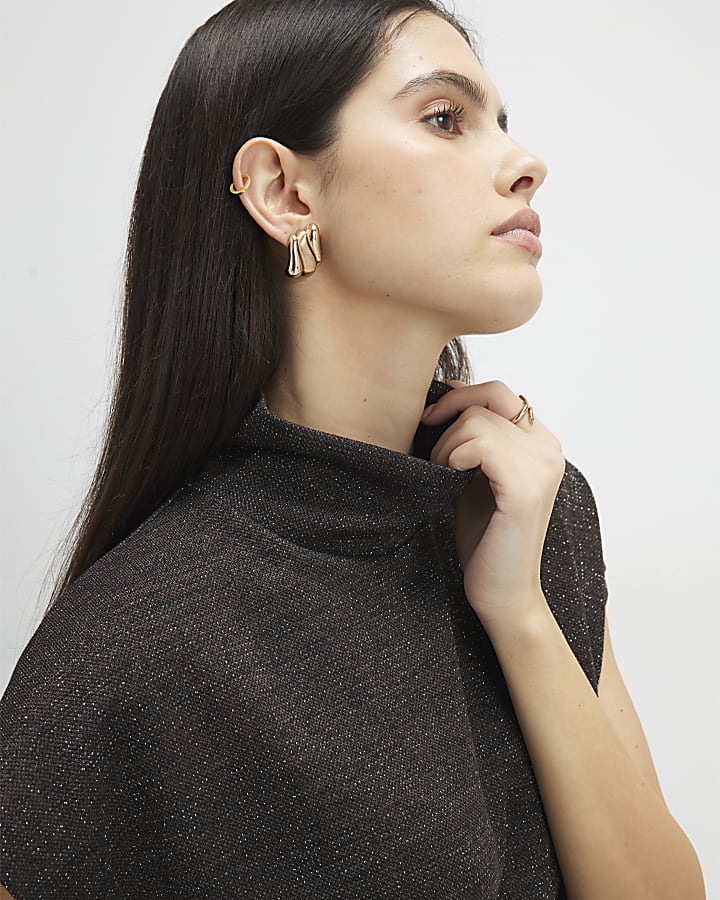 Brown High Neck Glitter Top