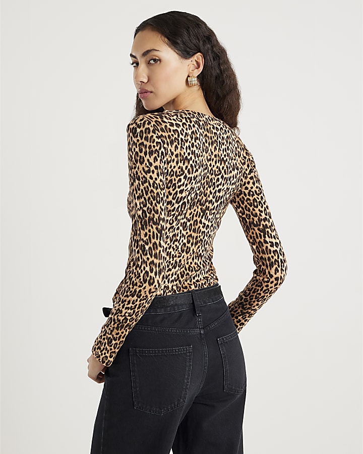 Brown Leopard Print Long Sleeve Fitted Top