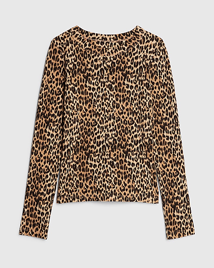 Brown Leopard Print Long Sleeve Fitted Top