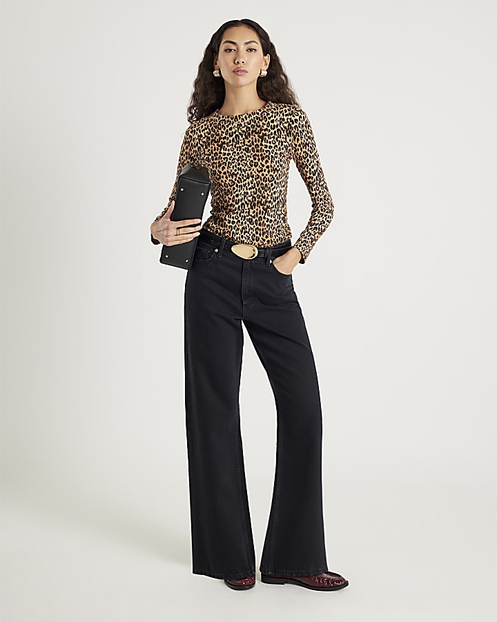 Brown Leopard Print Long Sleeve Fitted Top