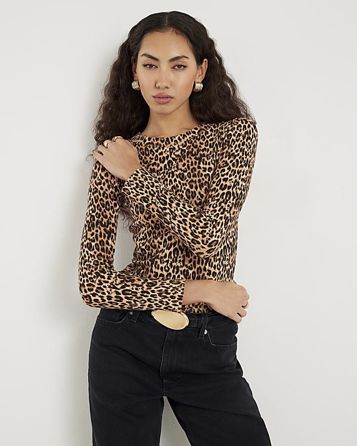 Brown Leopard Print Long Sleeve Fitted Top