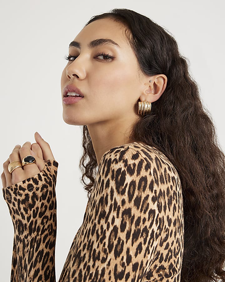 Brown Leopard Print Long Sleeve Fitted Top