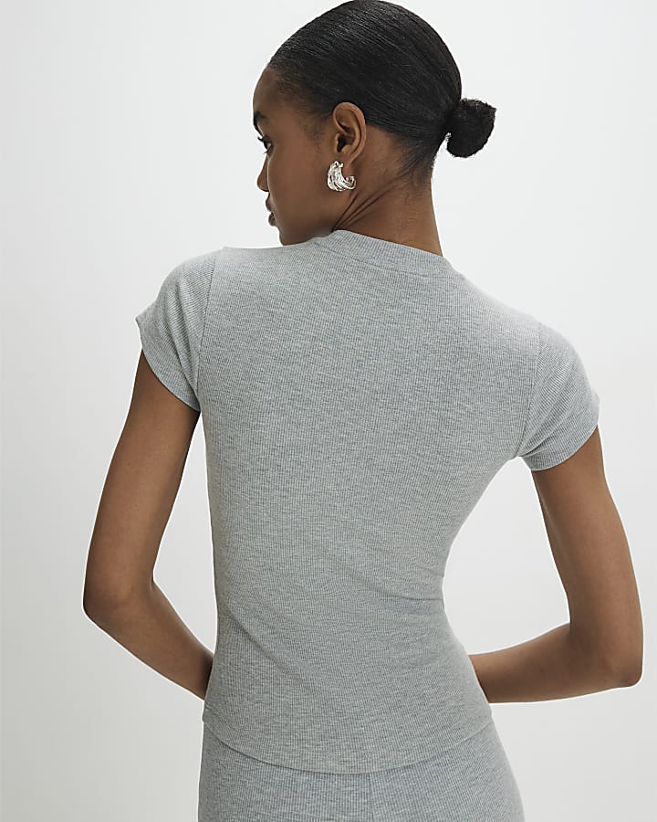 Grey Short Sleeve Fitted Ribbed Top