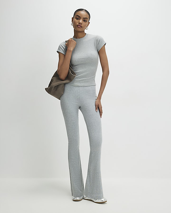 Grey Short Sleeve Fitted Ribbed Top