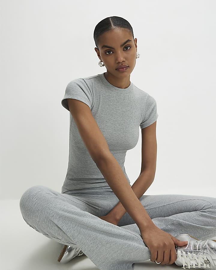 Grey Short Sleeve Fitted Ribbed Top