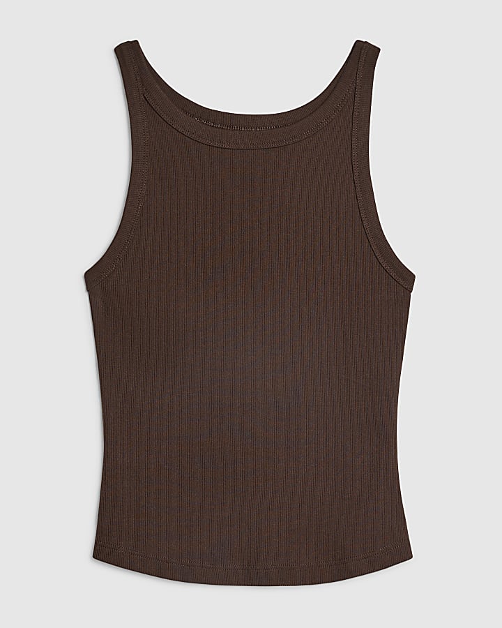 Brown Sleeveless Ribbed Tank Top