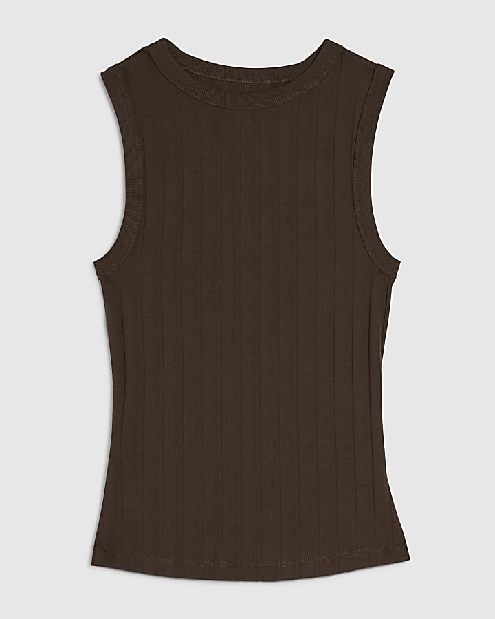Brown Sleeveless Wide Ribbed Tank Top