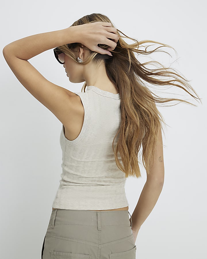 Beige Sleeveless Wide Ribbed Tank Top