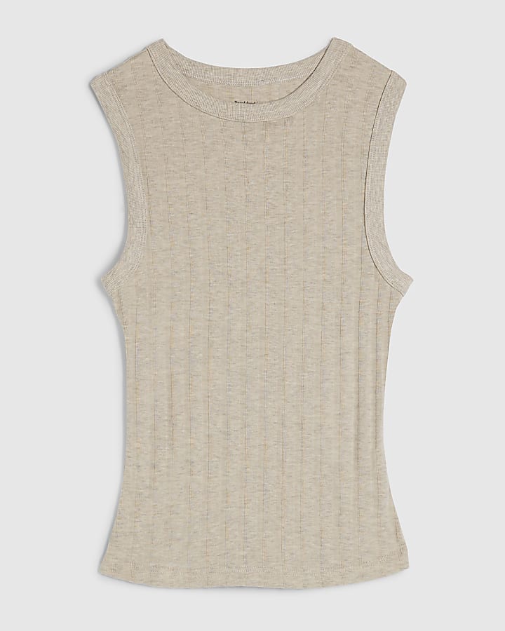 Beige Cotton Blend Wide Ribbed Tank Top