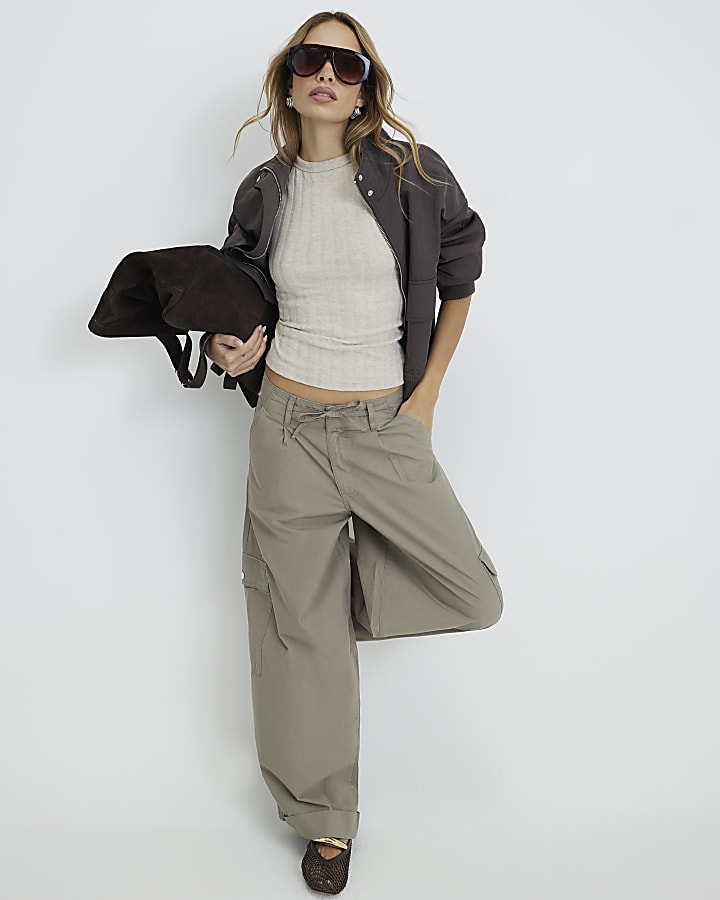 Beige Sleeveless Wide Ribbed Tank Top