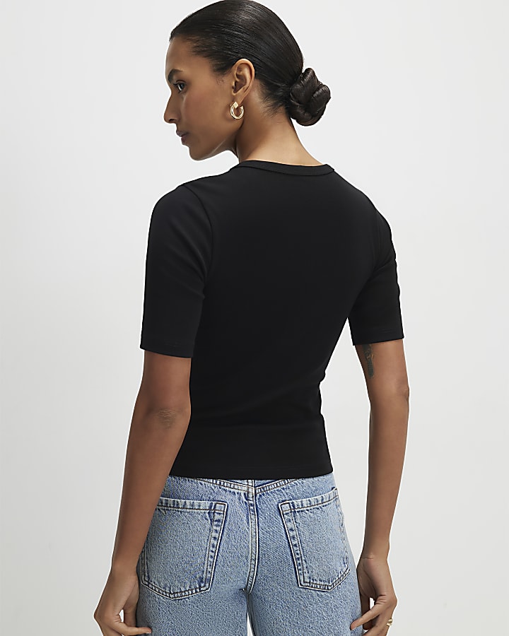 Black Short Sleeve Cotton Fitted Top