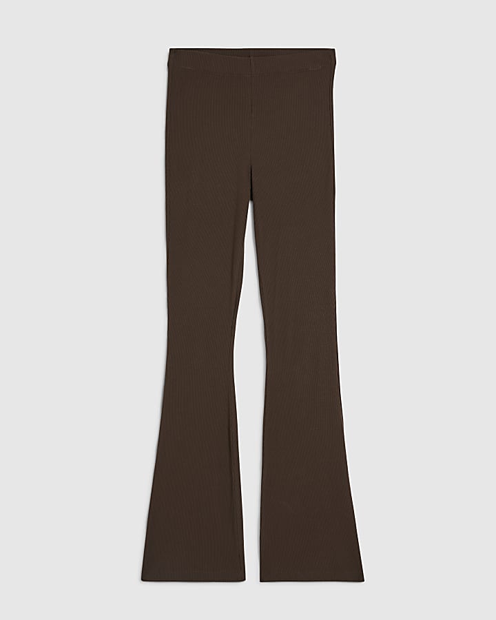 Brown High Waisted Ribbed Flare Leggings