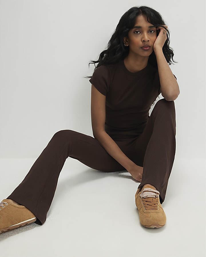 Brown High Waisted Ribbed Flare Leggings