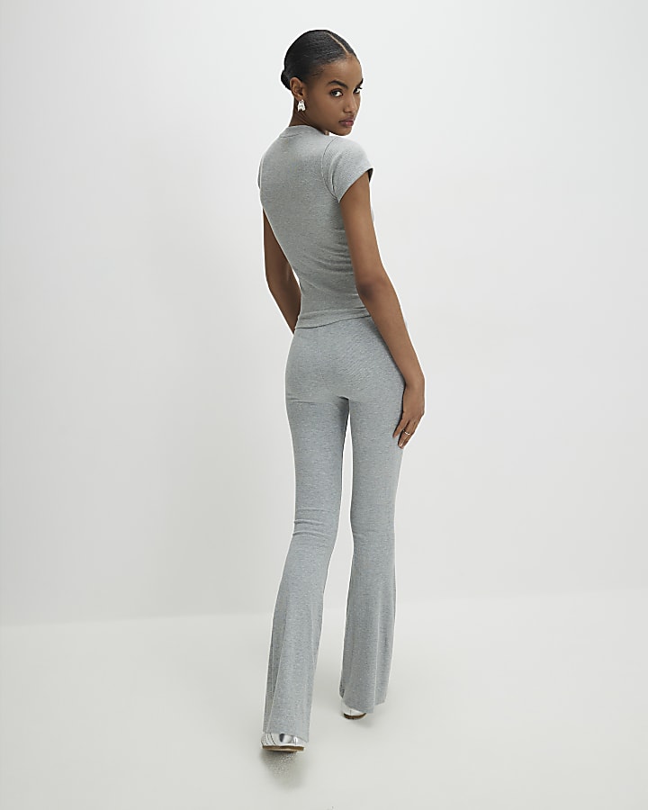 Grey High Waisted Ribbed Flare Leggings
