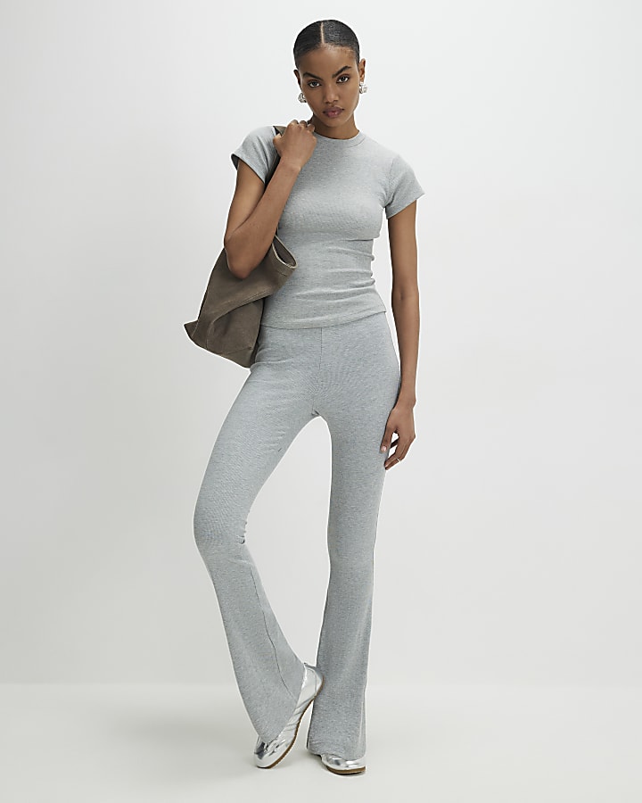Grey High Waisted Ribbed Flare Leggings