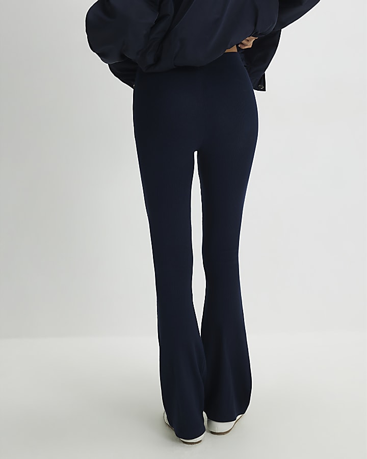 Navy High Waisted Ribbed Flare Leggings
