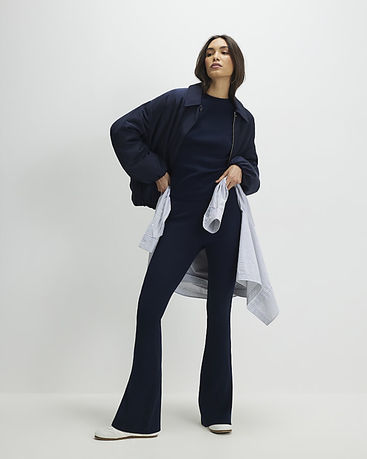 Navy High Waisted Ribbed Flare Leggings