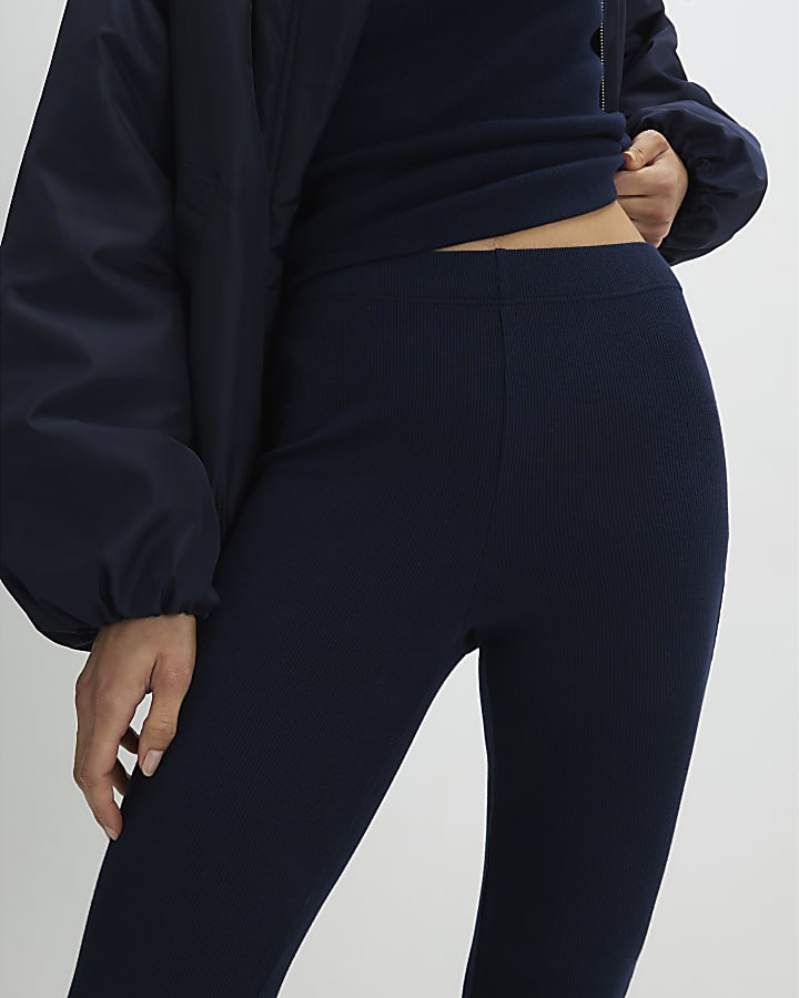 Navy High Waisted Ribbed Flare Leggings