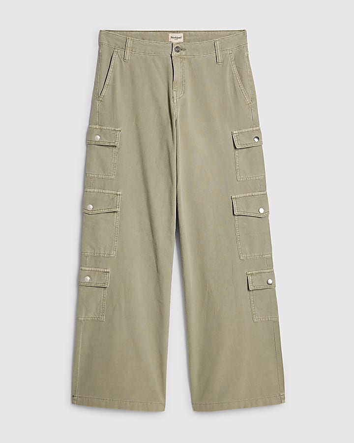 Green Denim Straight Leg Cargo Trousers