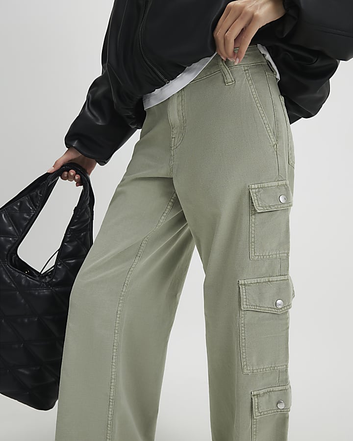 Green Denim Straight Leg Cargo Trousers